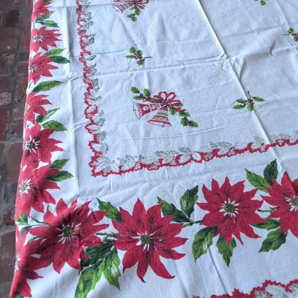 Vintage Mid Century Poinsettias Christmas Tablecloth, 52